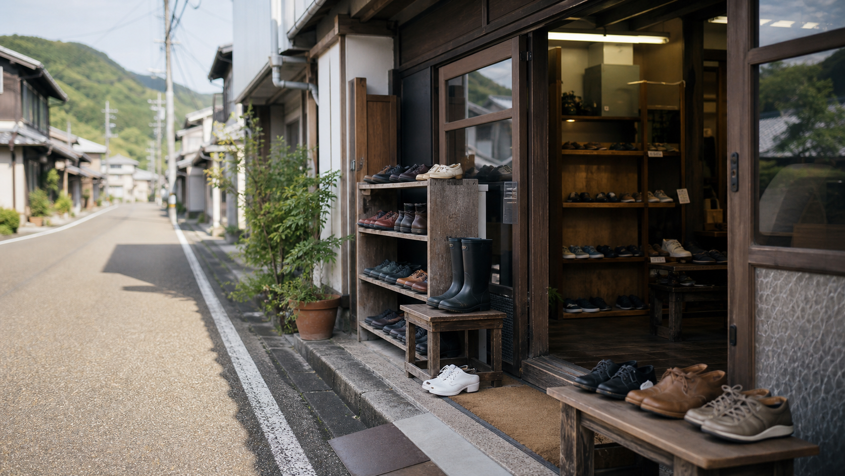 地域の靴屋の入口と店頭に並ぶ靴
